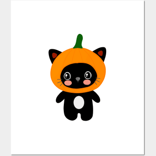 Funny Kawaii Cute Black Cat Pumpkin Halloween Costume Posters and Art